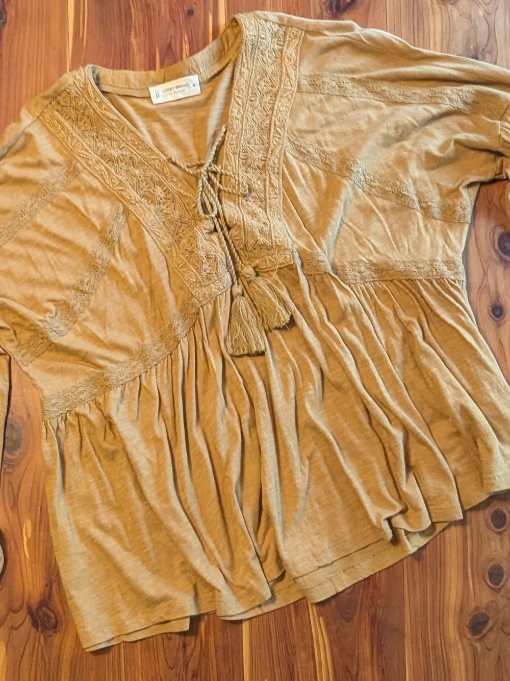 Lucky Brand Mustard Embroidered Tassel Peasant Tunic